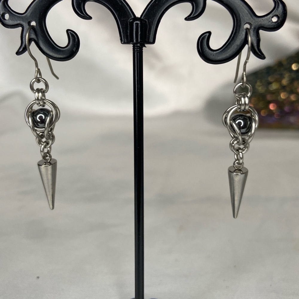 Hematite sphere silver stainless steel spiked handmade earrings